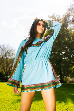 Teal Rainbow Sequin Stripe Dress Long Sleeve