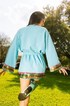 Teal Rainbow Sequin Stripe Dress Long Sleeve