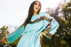 Teal Rainbow Sequin Stripe Dress Long Sleeve