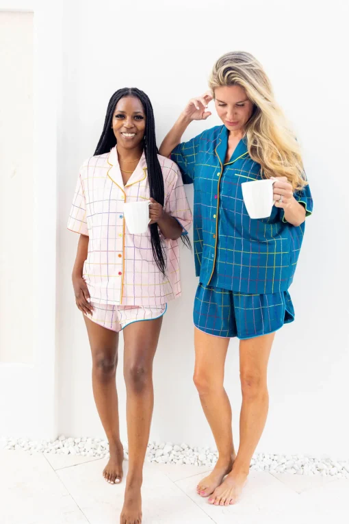 Teal Rhinestone Plaid Pajama Top