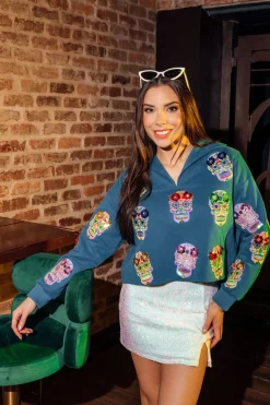 Teal Sugar Skull Collar Sweatshirt