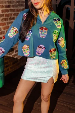 Teal Sugar Skull Collar Sweatshirt