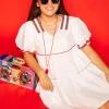White & Crimson Poof Sleeve QOS Jersey Dress