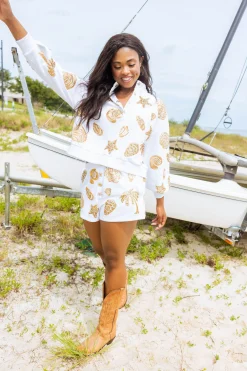 White & Gold Shell Henley Sweatshirt