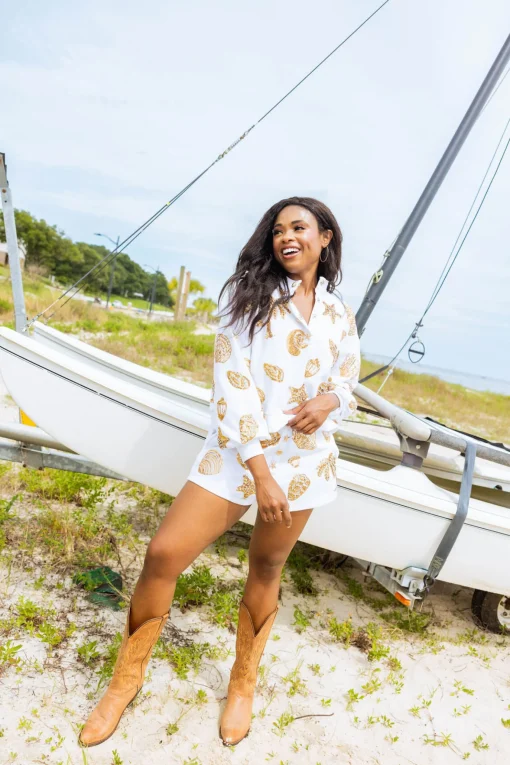 White & Gold Shell Henley Sweatshirt