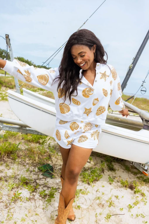 White & Gold Shell Henley Sweatshirt