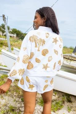 White & Gold Shell Henley Sweatshirt