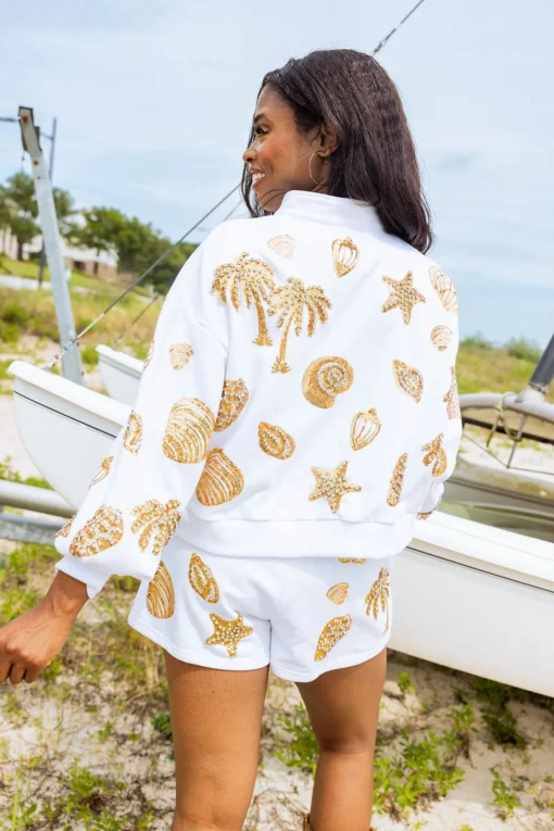 White & Gold Shell Henley Sweatshirt