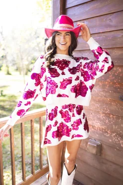 White & Hot Pink Cow Print Sequin Skirt
