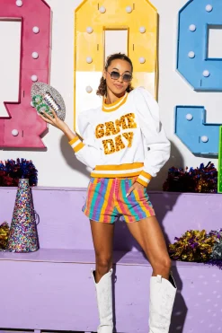 White & Orange Jeweled 'Game Day' Poof Sleeve Sweatshirt