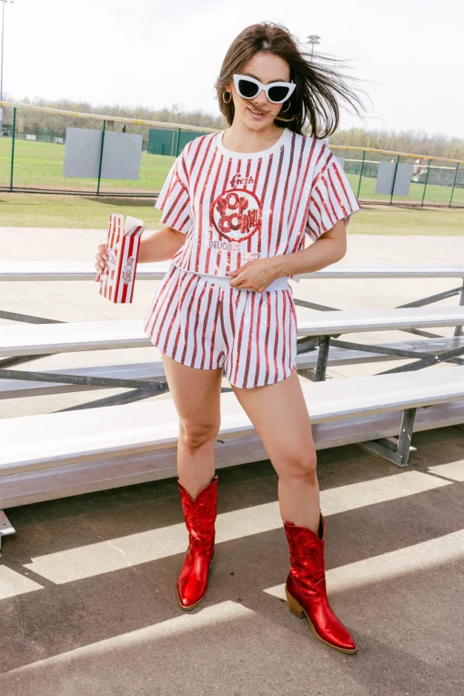 White & Red Full Sequin Short Sleeve Popcorn Top