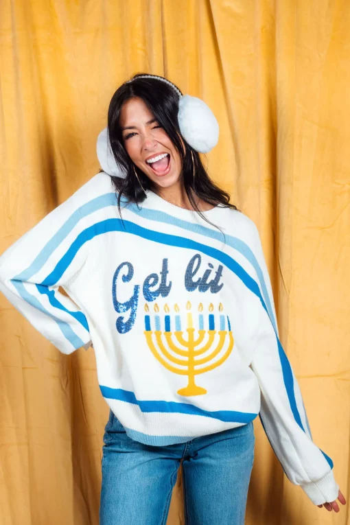 White & Royal 'Get Lit' Menorah Stripe Long Sleeve Sweater