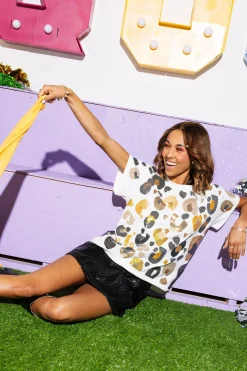 White, Black & Gold Leopard Sequin & Seed Bead Tee