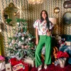 White Christmas Lights Tee With Poof Sequin Sleeves