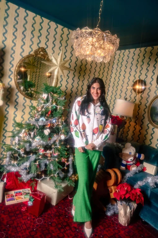 White Christmas Lights Tee With Poof Sequin Sleeves
