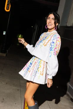 White Confetti Streamers Poof Sleeve Sweatshirt