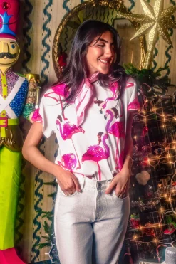 White Flamingos In Santa Hats Oversized Tee