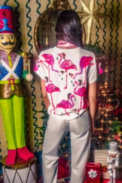 White Flamingos In Santa Hats Oversized Tee