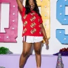 White Full Sequin Short with Crimson Side Stripe Short