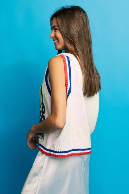 White Full Sequin Statue of Liberty Button Up Sweater Vest