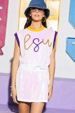 White 'LSU' Full Sequin Sweater Vest - Licensed