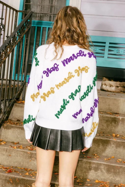 White Mardi Gras Words Cardigan