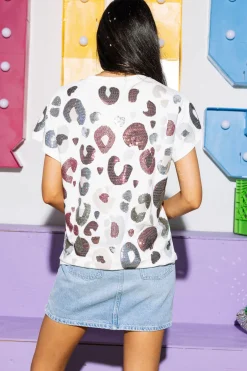 White, Maroon & Grey Leopard Sequin & Seed Bead Tee