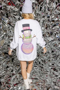 White Metallic Oversized Snowman Sweatshirt Dress