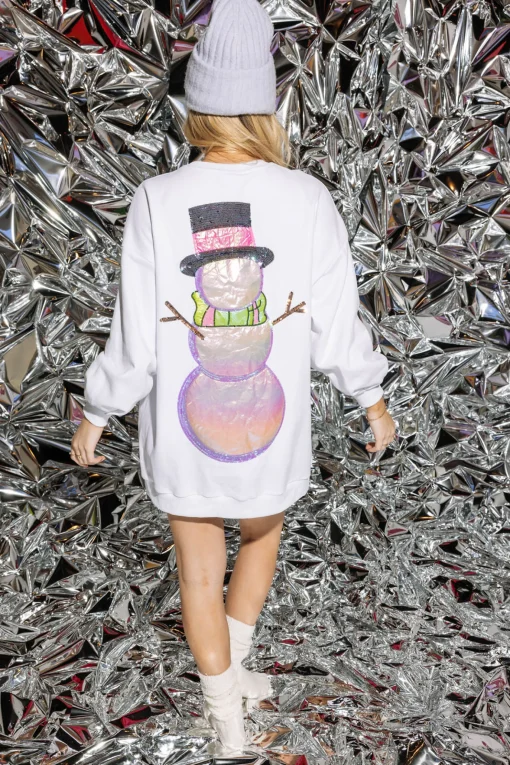 White Metallic Oversized Snowman Sweatshirt Dress