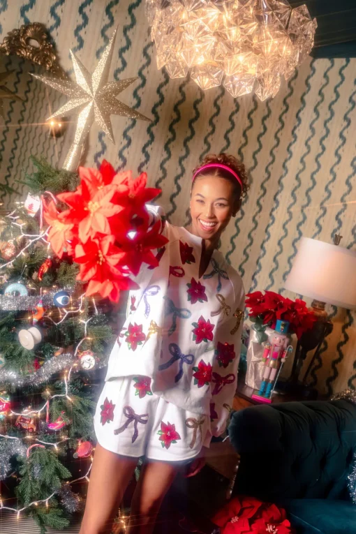 White Multi Bows & Poinsettia Shorts