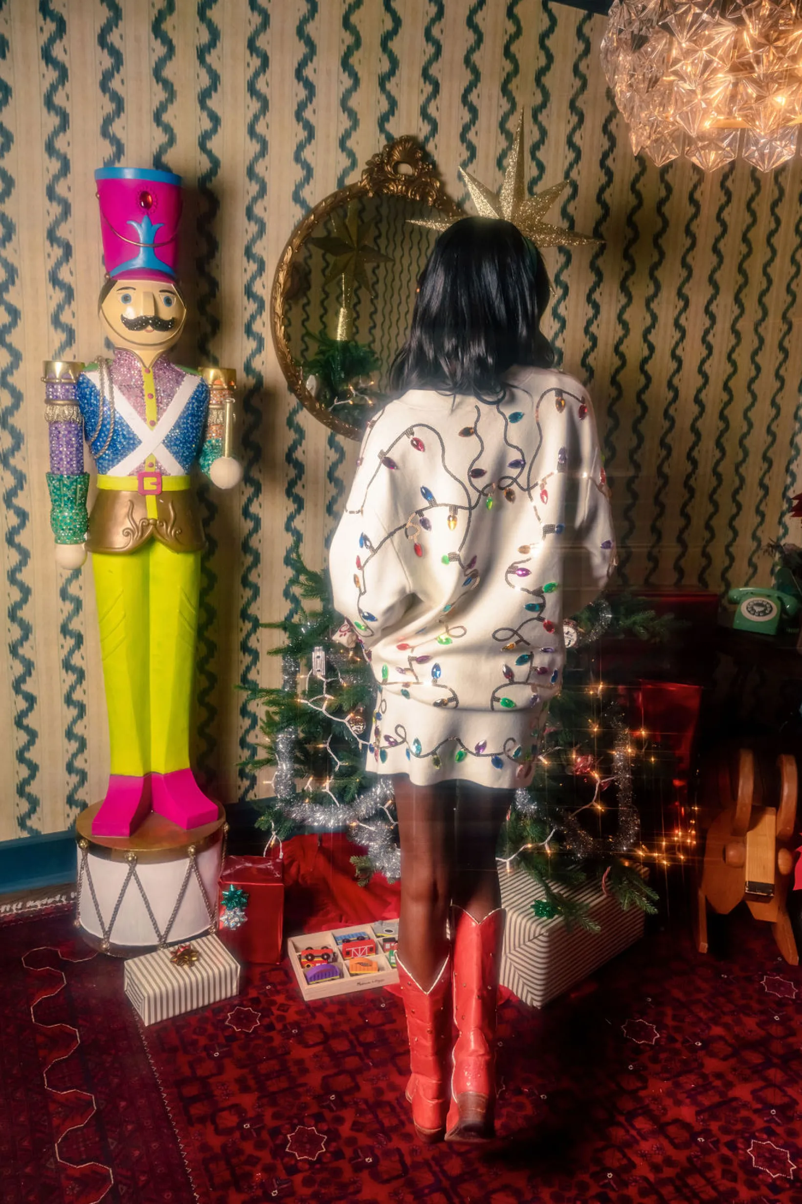 White Multi Jeweled Christmas Lights Sweater Cardigan