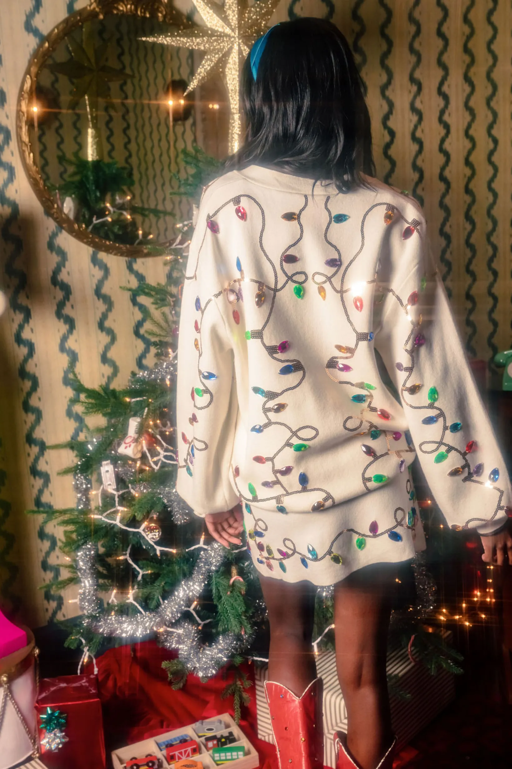 White Multi Jeweled Christmas Lights Sweater Cardigan