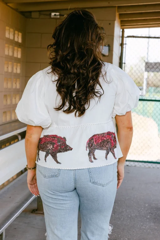 White Peplum Poof Sleeve Top with Razorbacks- Licensed