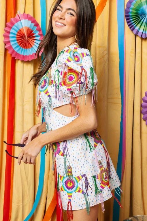 White Piñata Fringe Poof Sleeve Dress