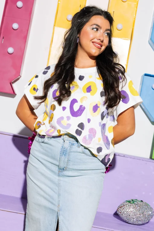 White, Purple & Yellow Leopard Sequin & Seed Bead Tee