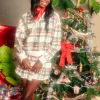 White, Red & Green Plaid V Neck Sweatshirt