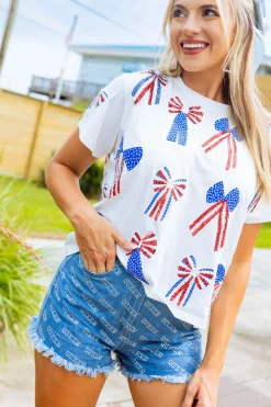 White, Red, White & Blue Scattered Bow Tee