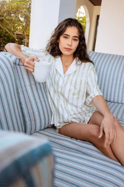 White Rhinestone Stripe Pajama Short Sleeve Top