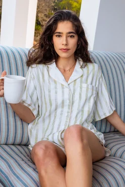White Rhinestone Stripe Pajama Short Sleeve Top