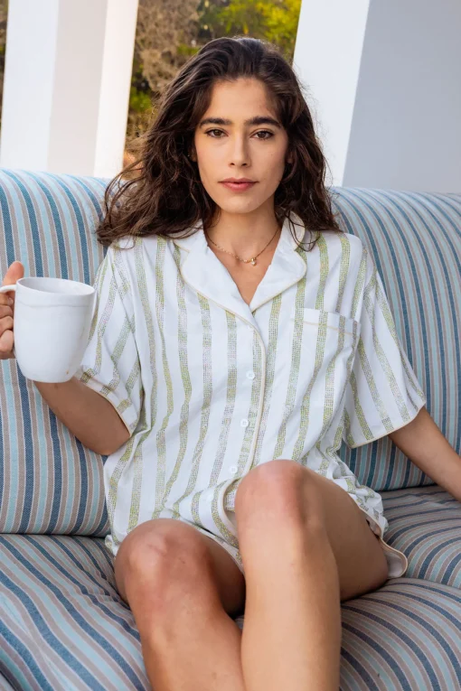 White Rhinestone Stripe Pajama Short Sleeve Top