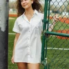 White Rhinestone Top Button Down Dress