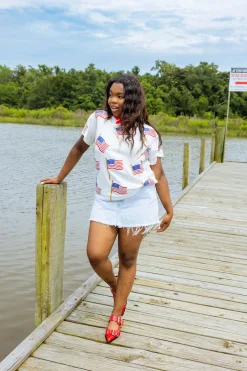 White Scattered Metallic American Flag Tee