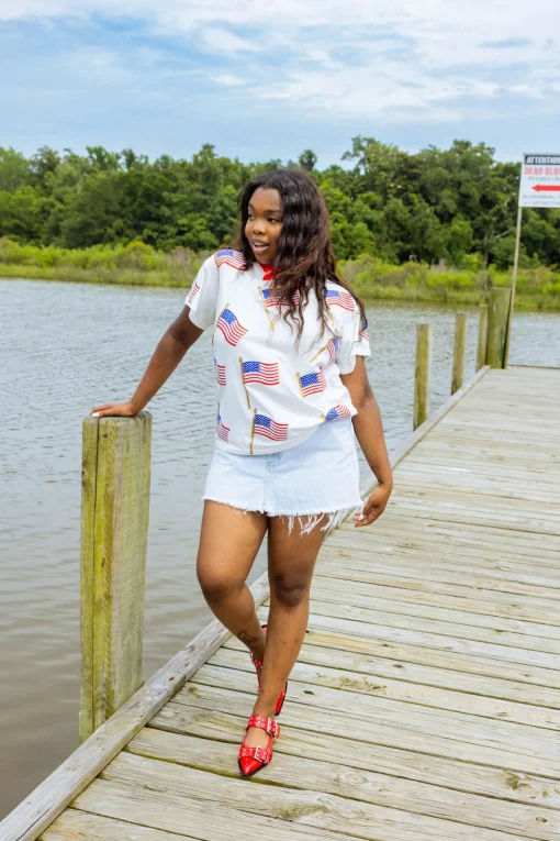 White Scattered Metallic American Flag Tee