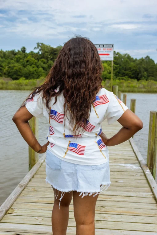 White Scattered Metallic American Flag Tee