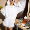 White Scattered Rhinestone Feather Tinsel Sweatshirt