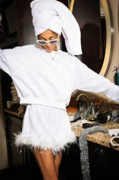 White Scattered Rhinestone Feather Tinsel Sweatshirt