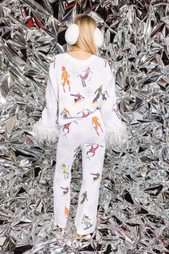 White Skiers & Snowflakes Feather Sleeve Cardigan