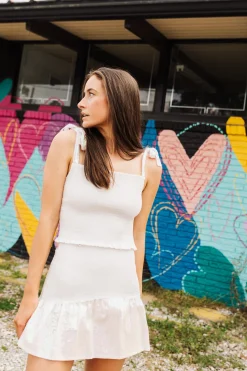 White Smocked Sequin Tie Tank