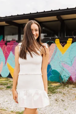 White Smocked Sequin Tie Tank