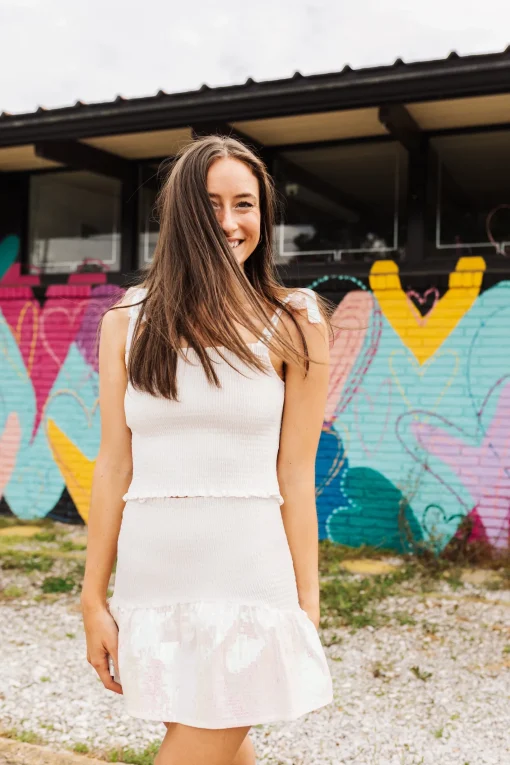 White Smocked Sequin Tie Tank